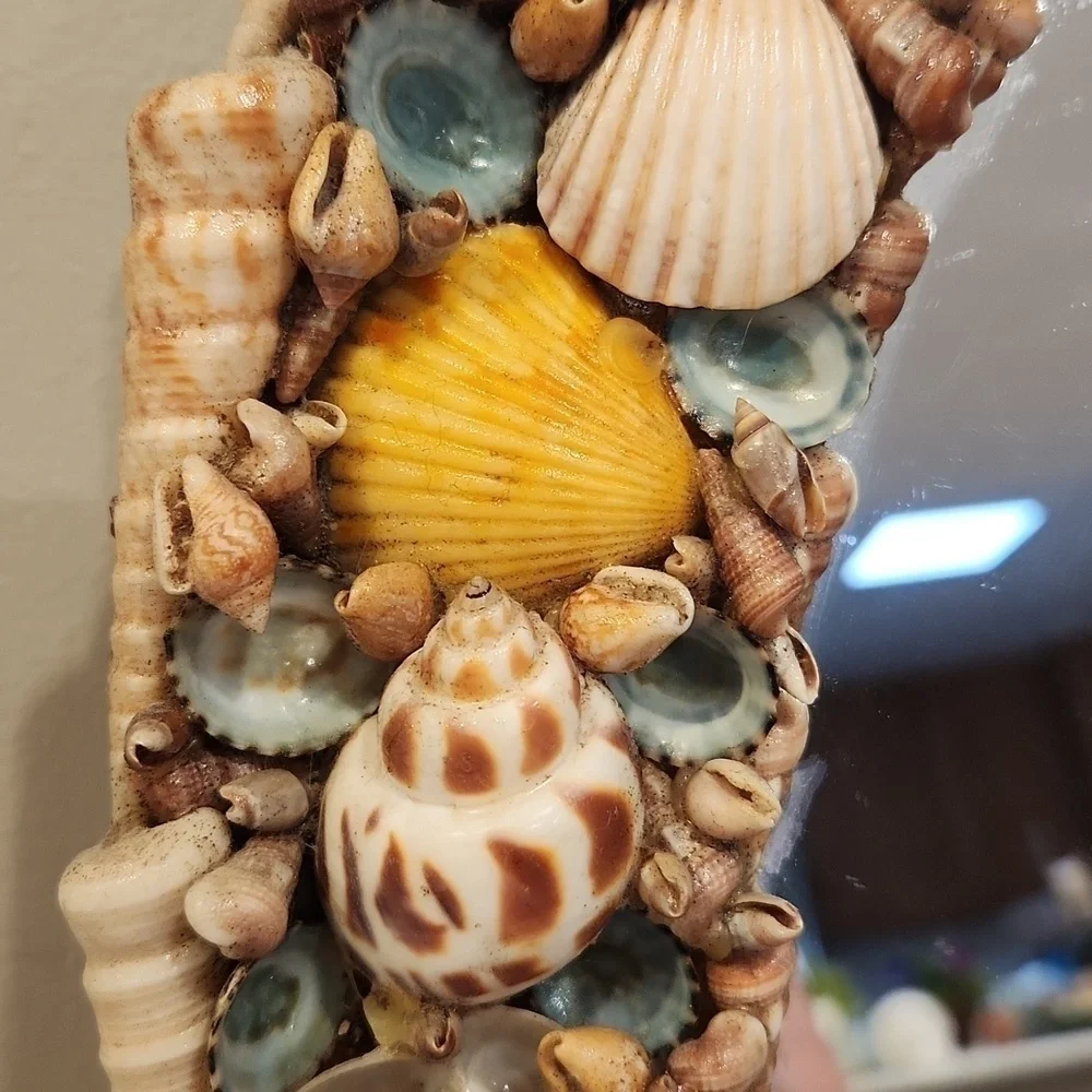 1970s handmade seashell oval mirror coastal beach